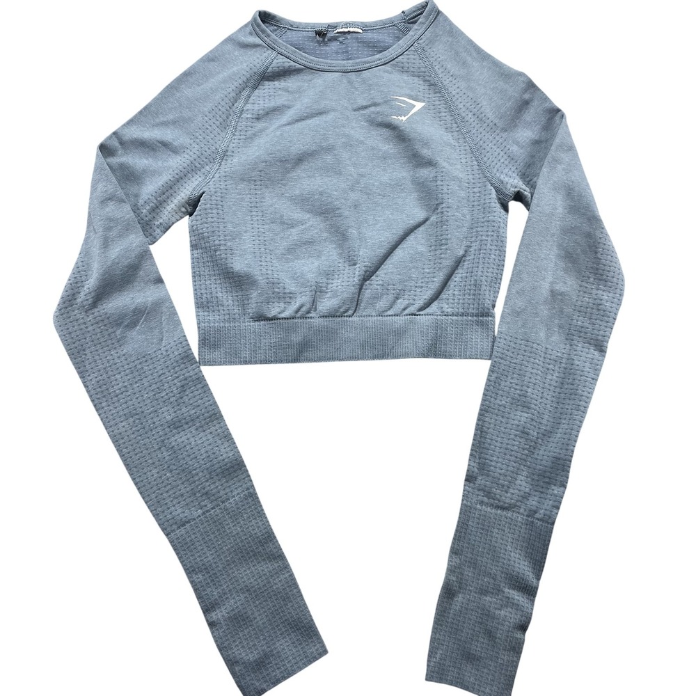 Gymshark Shirt Womens Small Blue Cropped Long Sleeve Thumbholes Yoga Gym